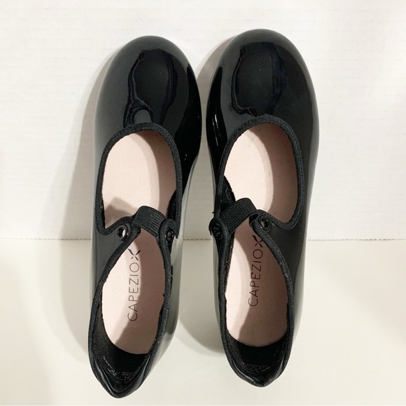 Capezio Tele Tone Tap Faux Patent Leather Tap Shoes Grosgrain Ribbon Trim Black - Picture 6 of 9